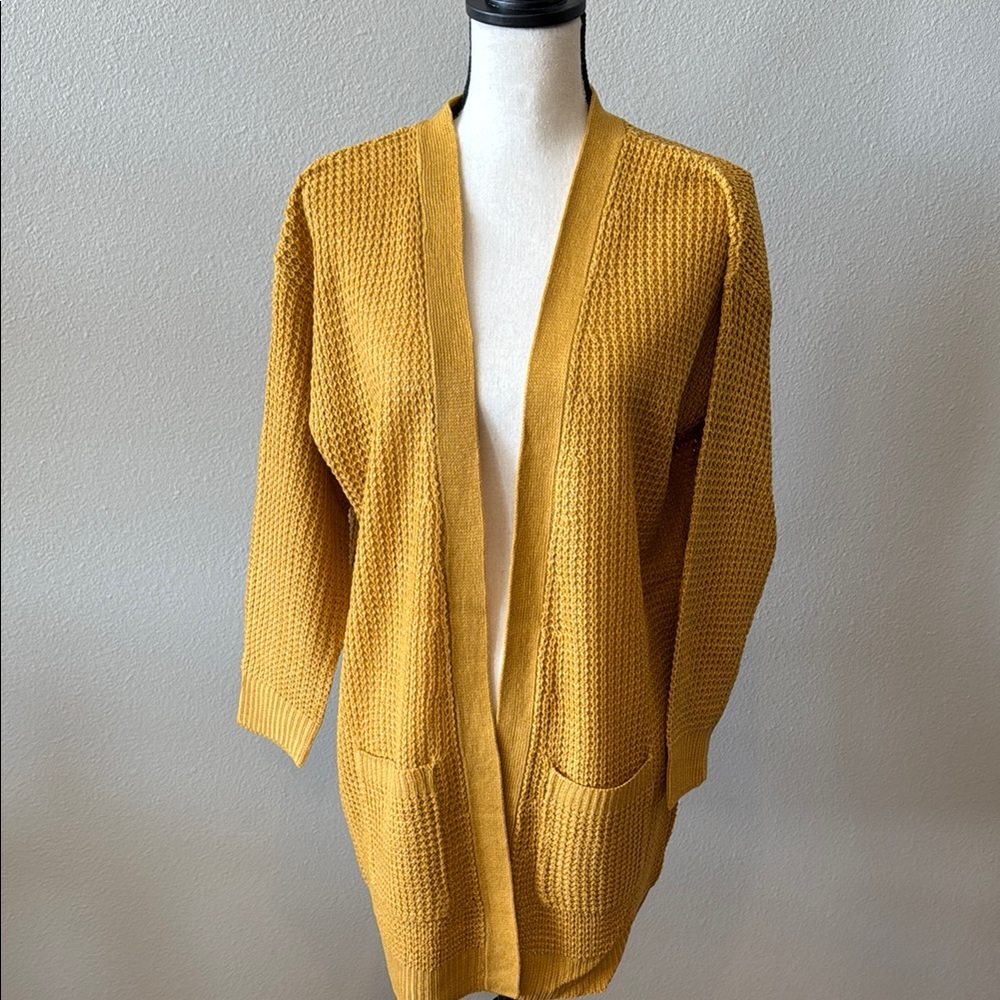 Mustard/Gold Ribbed Knit Long Cardigan Sweater